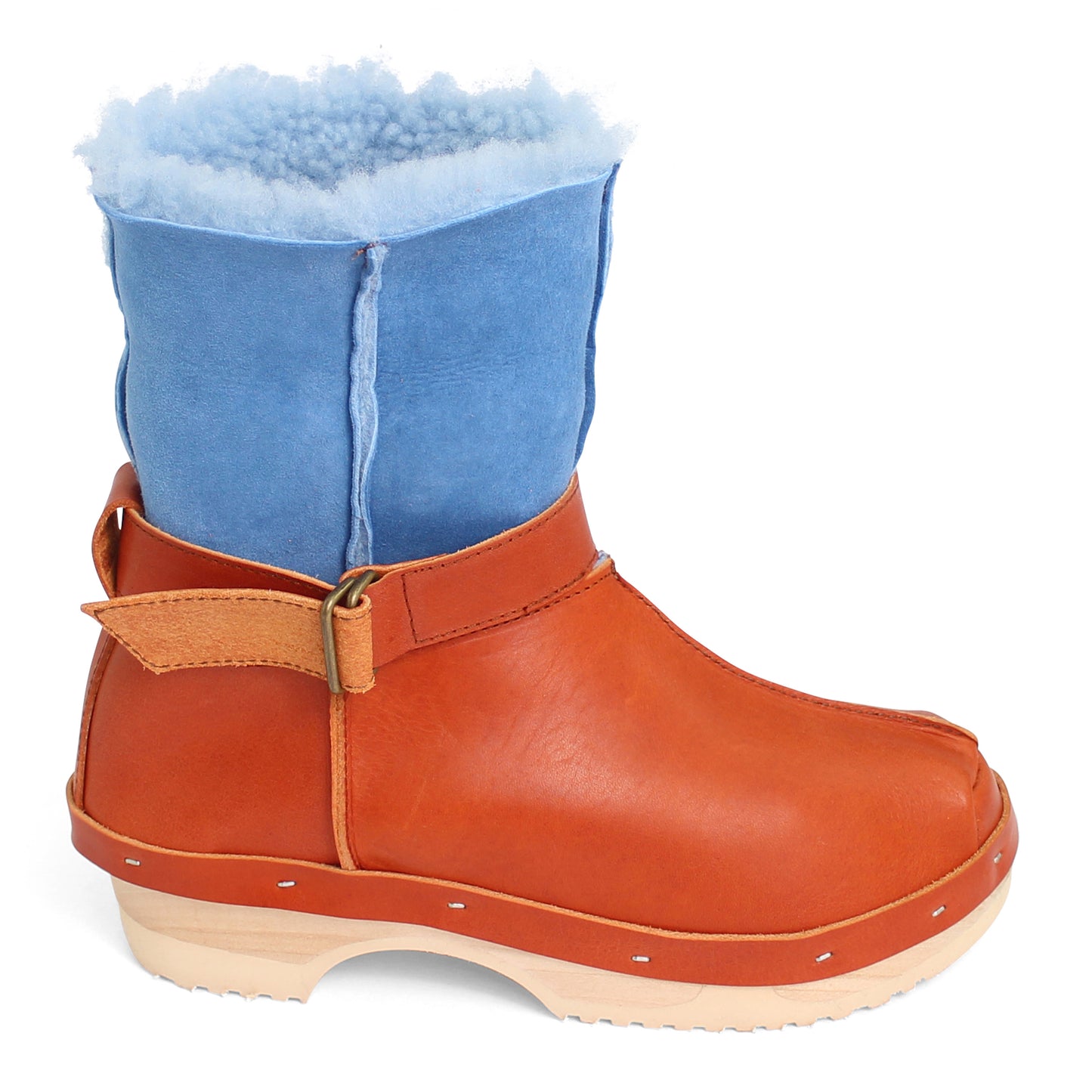 OLGA BOOTS + Leather Shearling Clog Boots + Fieno Ice Blue