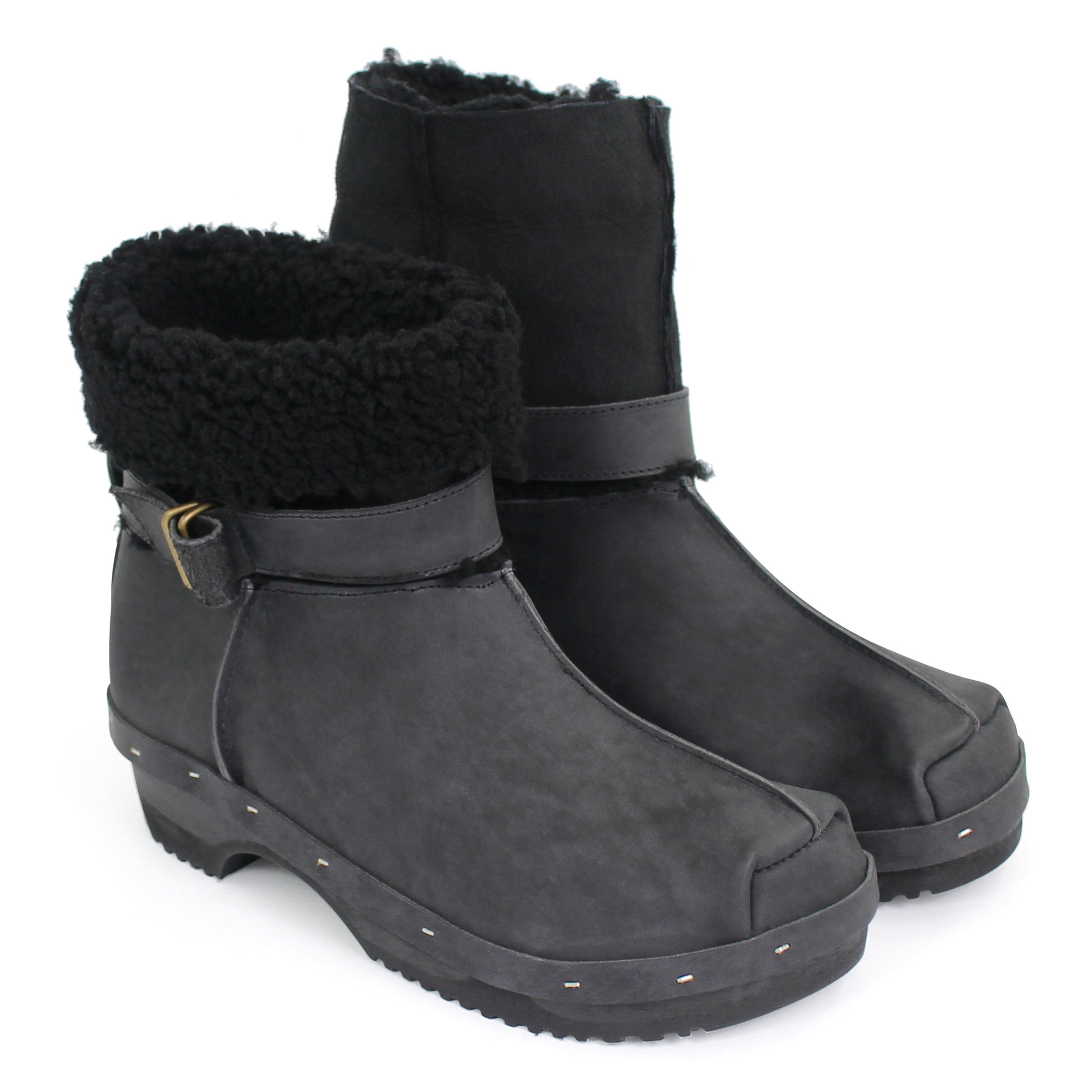 OLGA BOOTS + Leather Shearling Dark Clog Boots + New Black