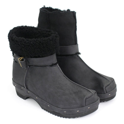 OLGA BOOTS + Leather Shearling Dark Clog Boots + New Black