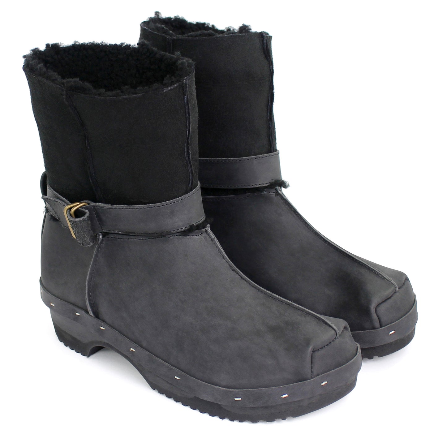 OLGA BOOTS + Leather Shearling Dark Clog Boots + New Black