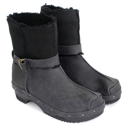 OLGA BOOTS + Leather Shearling Dark Clog Boots + New Black