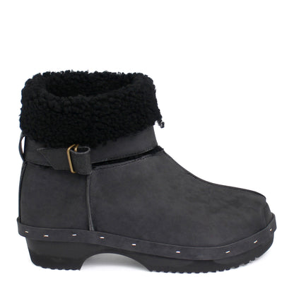 OLGA BOOTS + Leather Shearling Dark Clog Boots + New Black