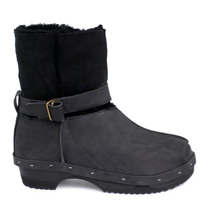 OLGA BOOTS + Leather Shearling Dark Clog Boots + New Black