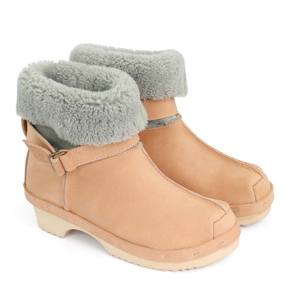 OLGA BOOTS + Leather Shearling Clog Boots + Cammello Sage