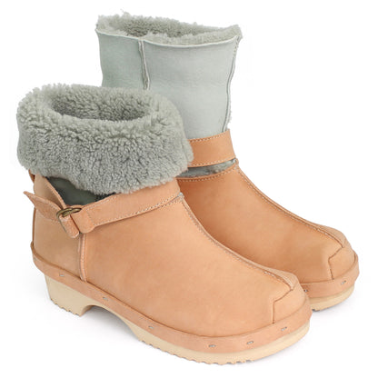OLGA BOOTS + Leather Shearling Clog Boots + Cammello Sage