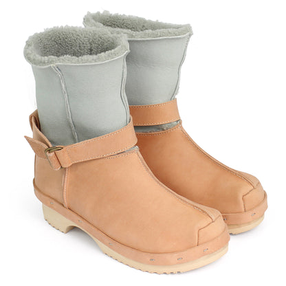 OLGA BOOTS + Leather Shearling Clog Boots + Cammello Sage