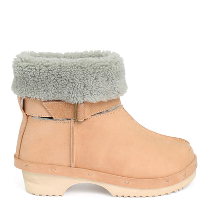 OLGA BOOTS + Leather Shearling Clog Boots + Cammello Sage