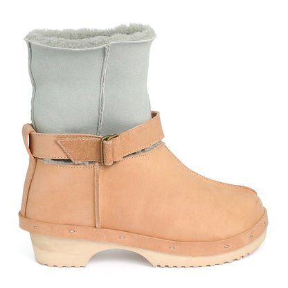 OLGA BOOTS + Leather Shearling Clog Boots + Cammello Sage