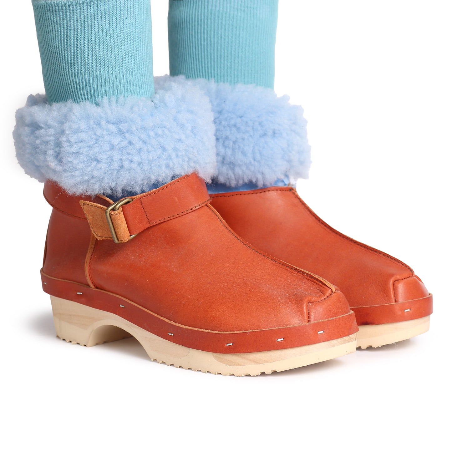 OLGA BOOTS + Leather Shearling Clog Boots + Fieno Ice Blue