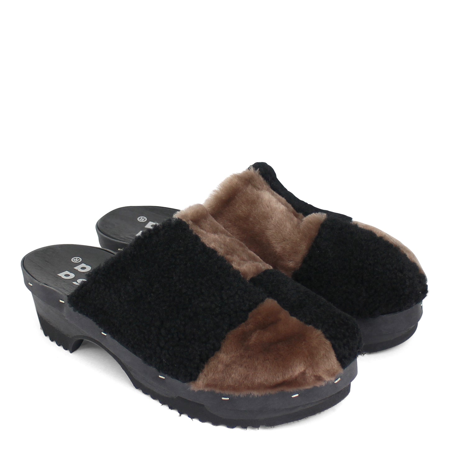 PANTO CURLY PATCHWORK + Shearling Clogs + Black Brown