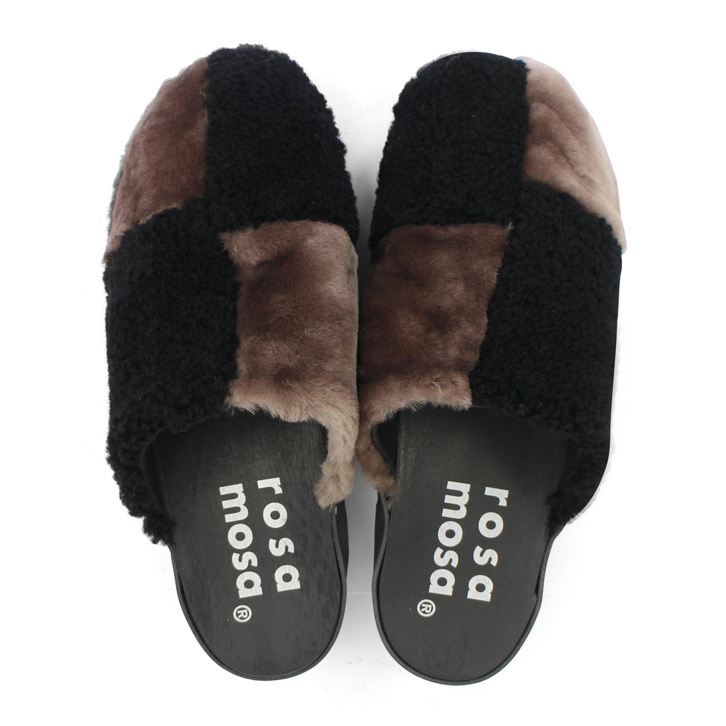 PANTO CURLY PATCHWORK + Shearling Clogs + Black Brown