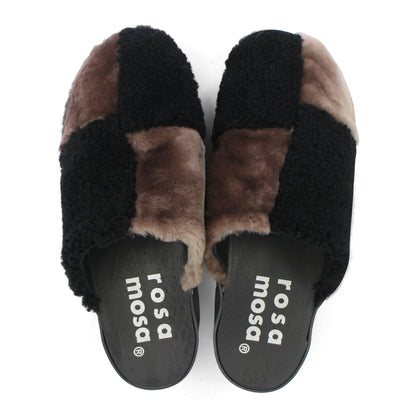 PANTO CURLY PATCHWORK + Shearling Clogs + Black Brown