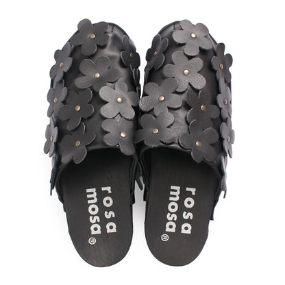 PANTO FIORE + Leather Clog Shoes + All Black