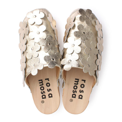 PANTO FIORE METALLIC + Leather Clog Shoes + Champagne