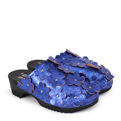 PANTO FIORE METALLIC + Leather Clog Shoes + Cobalt
