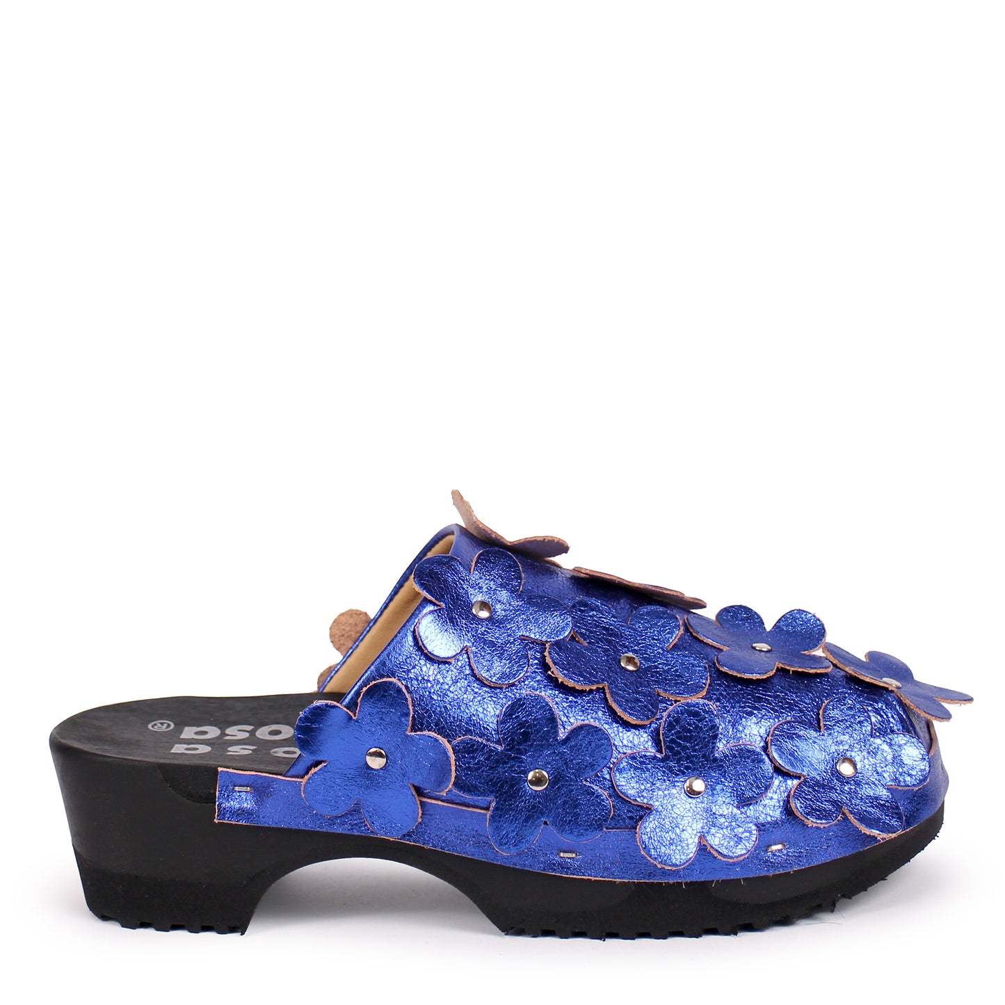 PANTO FIORE METALLIC + Leather Clog Shoes + Cobalt