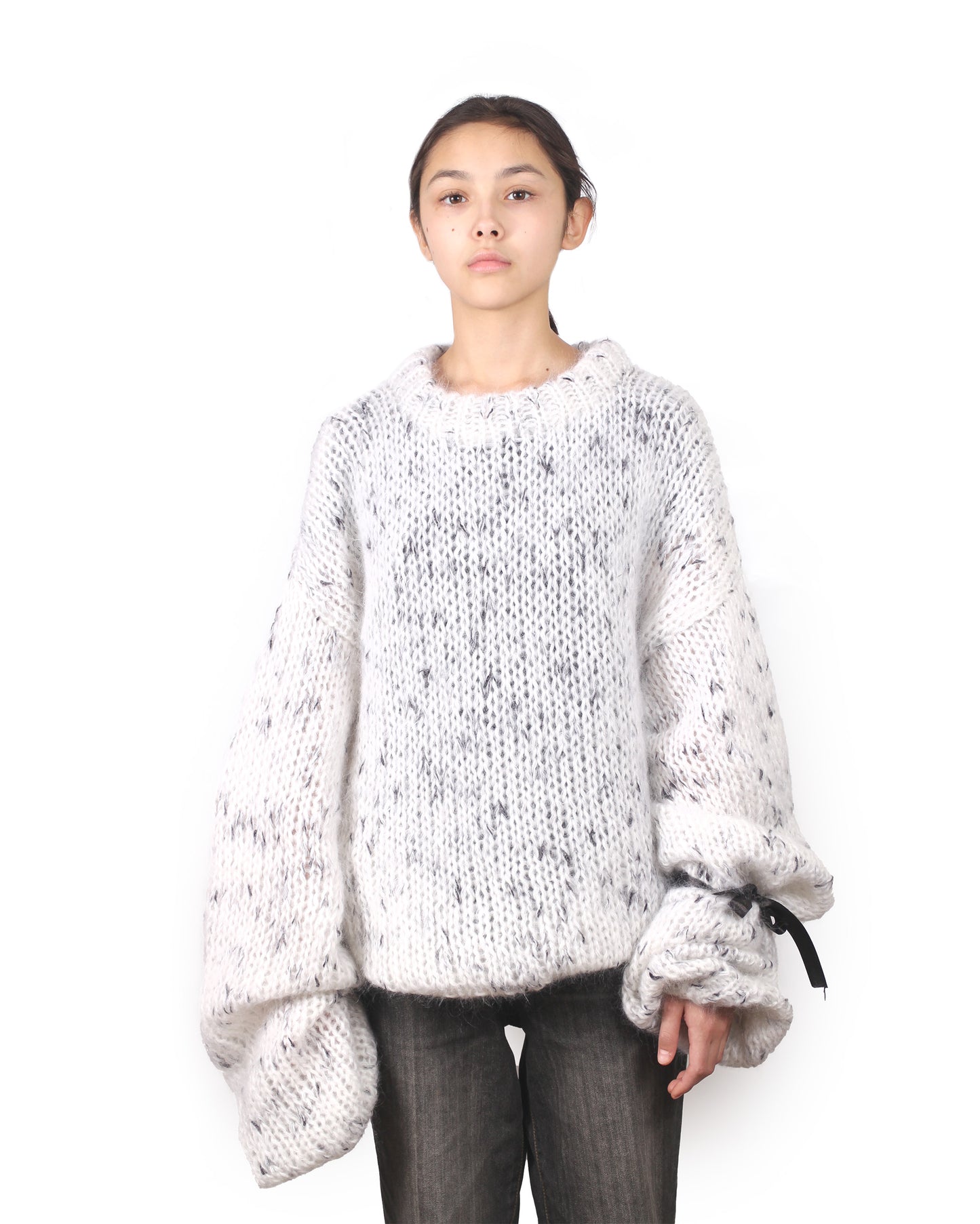 Unisex Hand Knit Mohair Pullover + White Black Dot