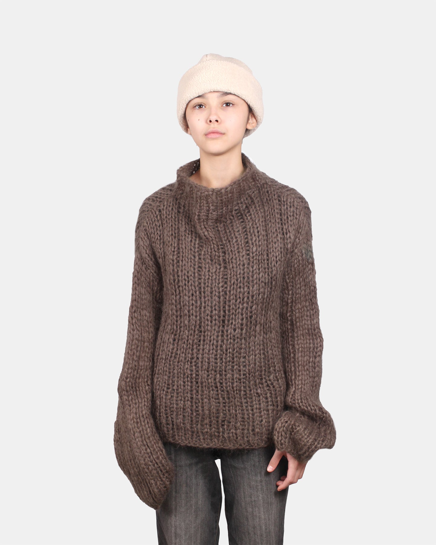 Unisex Hand Knit Rib Jumper with long sleeves + Brown