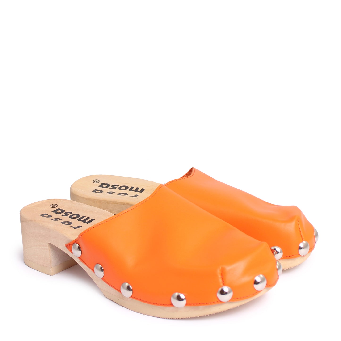 ROCCO GEO STUD + Leather Clog Shoes + Orange