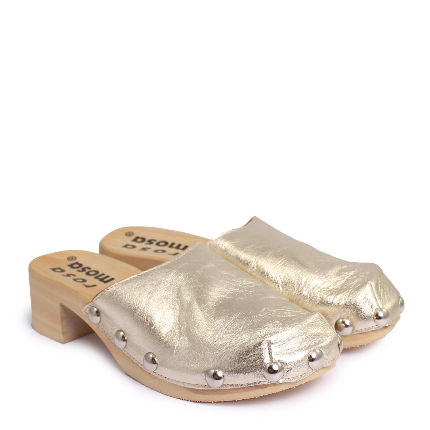 ROCCO GEO STUD + Metallic Leather Clog Shoes + Champagne