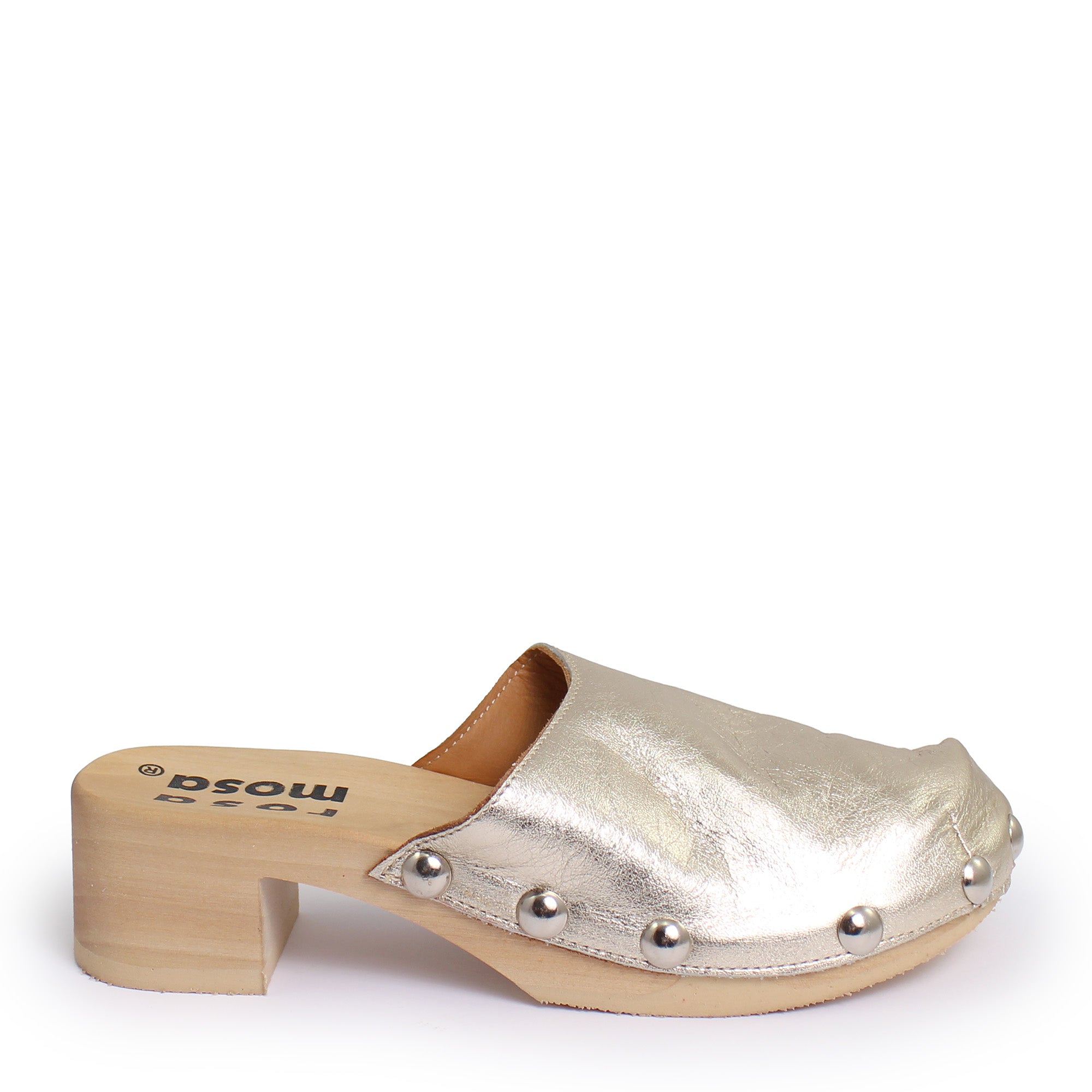 ROCCO GEO STUD + Metallic Leather Clog Shoes + Champagne