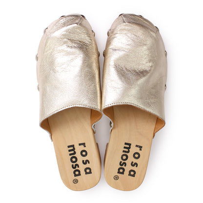 ROCCO GEO STUD + Metallic Leather Clog Shoes + Champagne