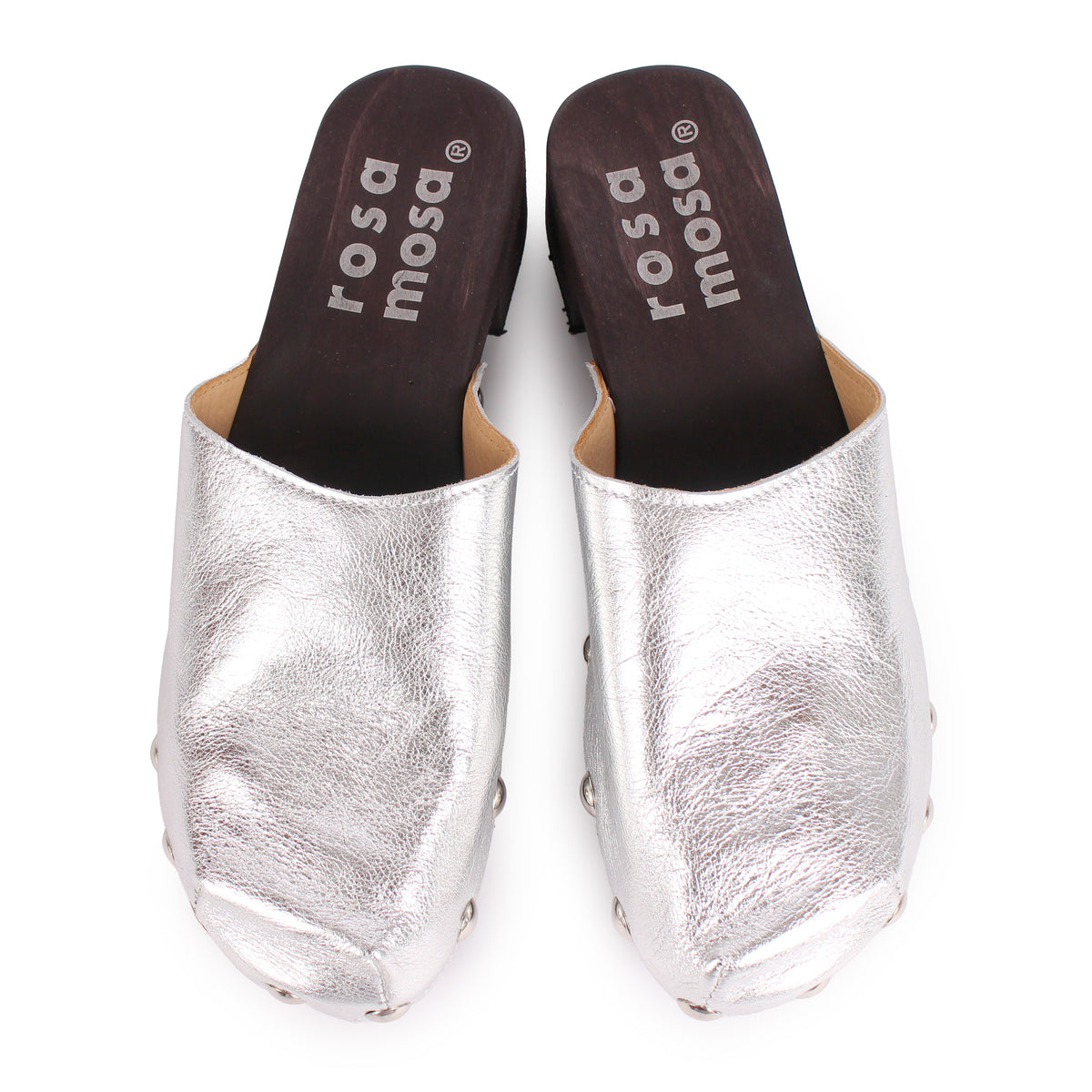 ROCCO GEO STUD + Metallic Leather Dark Clog Shoes + Silver