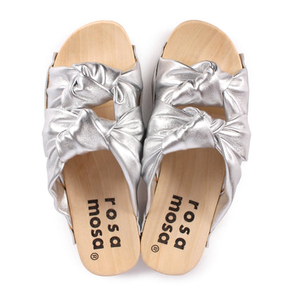ROCCO X KNOT METALLIC + Leather Clog Sandals + Silver