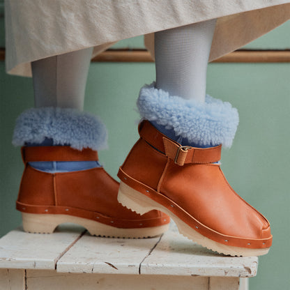 OLGA BOOTS + Leather Shearling Clog Boots + Fieno Ice Blue
