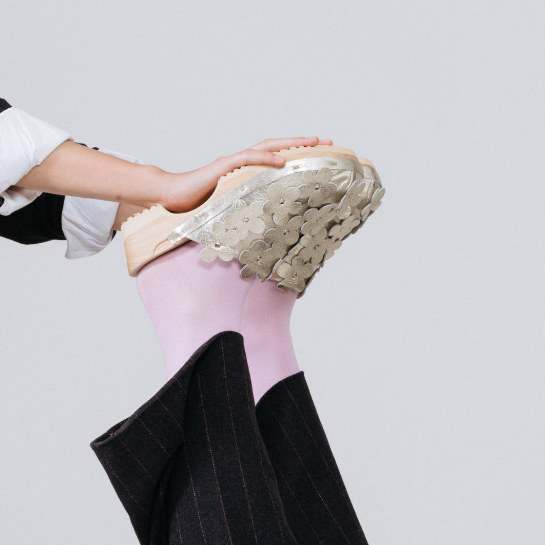 PANTO FIORE METALLIC + Leather Clog Shoes + Champagne