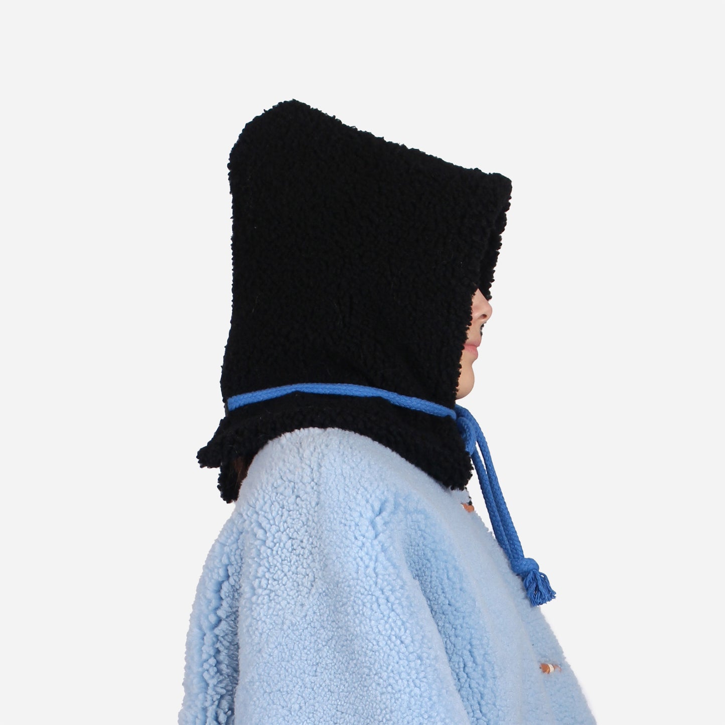 SHEARLING HOODIE + Black with cobalt blue cord