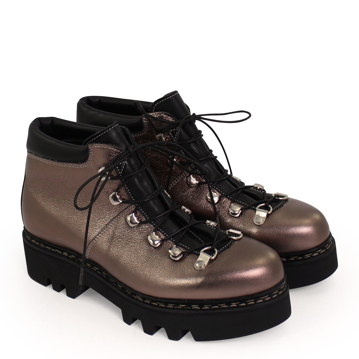 SIMILAUN Metallic + Norwegian Welted Lace-up Leather Boots + Bronze