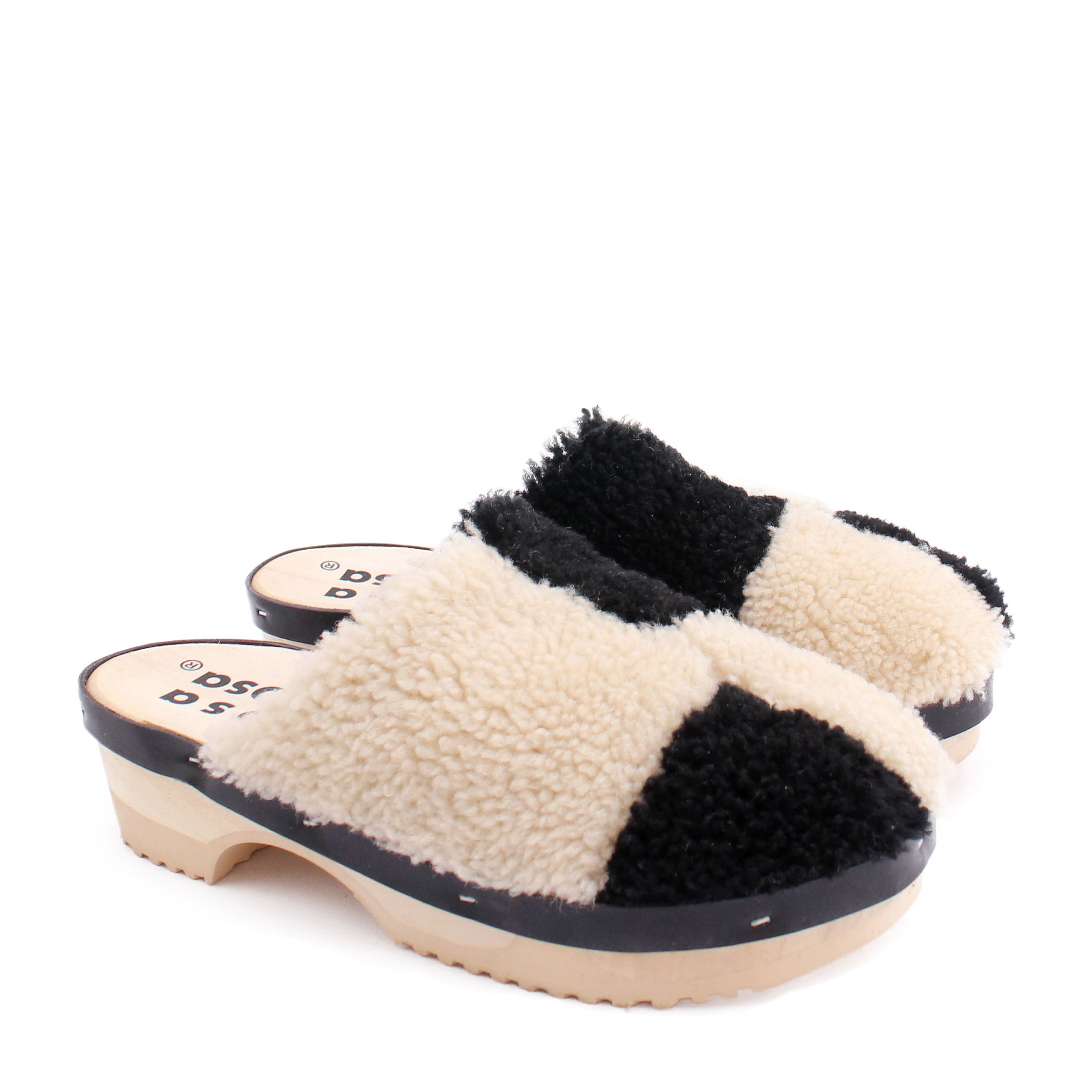 PANTO CURLY PATCHWORK + Shearling Clogs + Natural Black